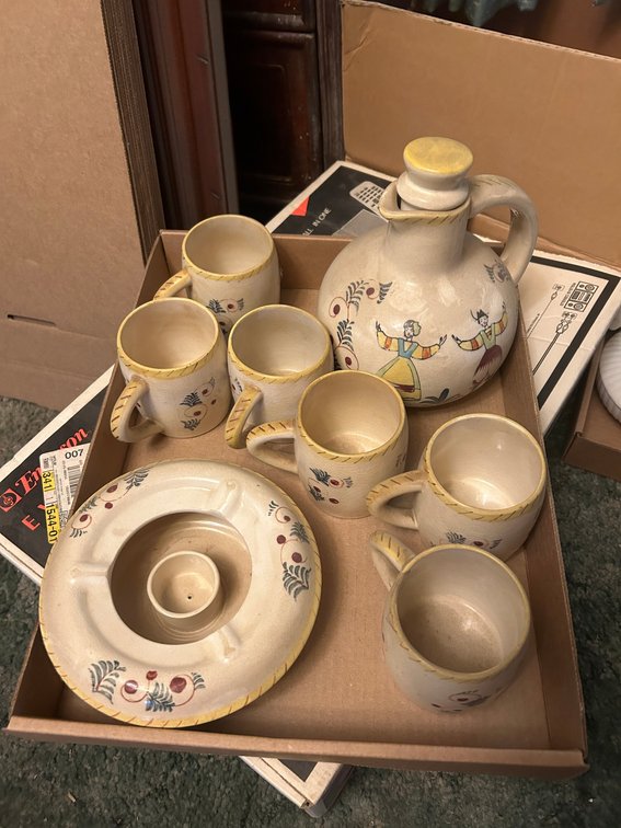 Pottery Pitcher and mug set, includes warming base for pitcher