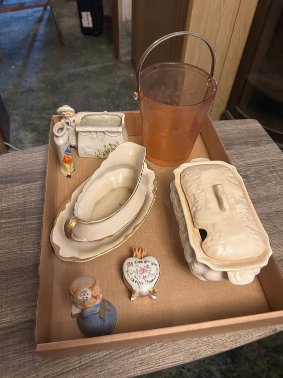 Pink depression ice bucket, gravy boat, misc.