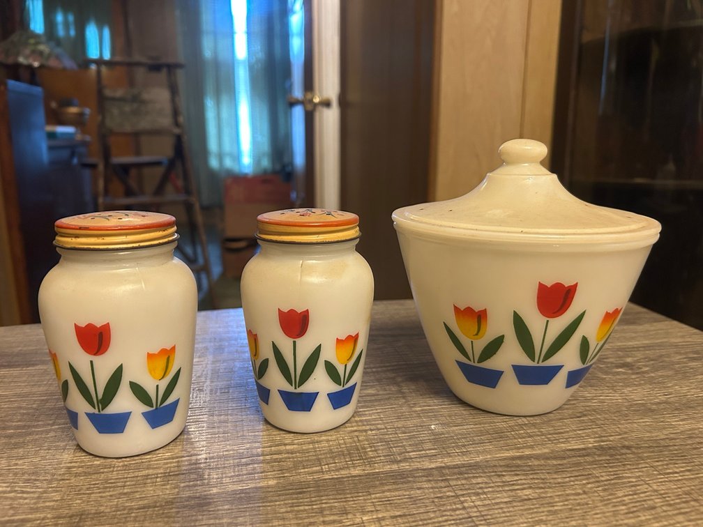Fire-King tulip grease bowl, salt and pepper shakers