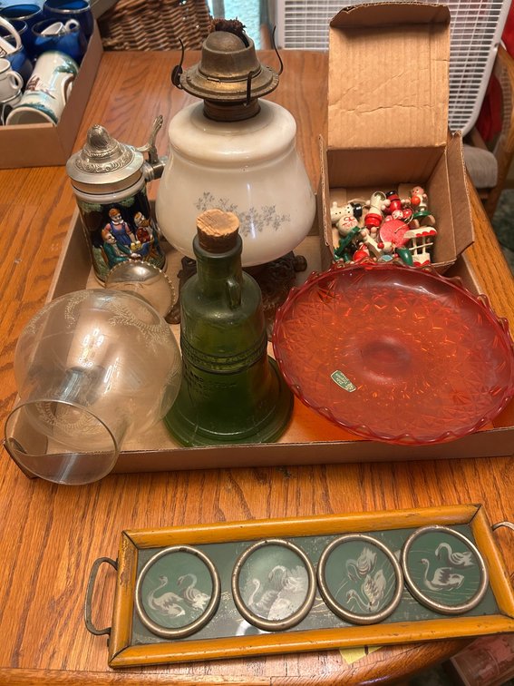 Kerosene lamp, stein, glassware, misc.