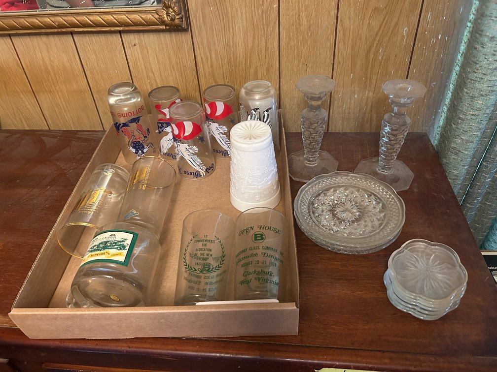 Glassware, candlesticks, plates, misc.