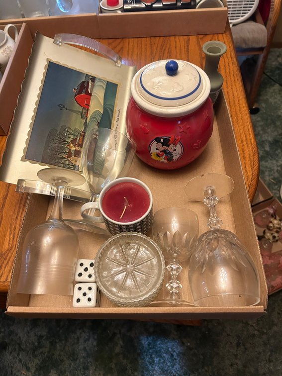 Mickey and Minnie cookie jar, glassware, farm scene wall hanging, misc.