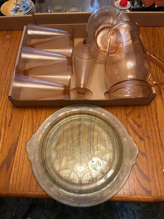 Green depression platter, pink depression pitcher and glasses