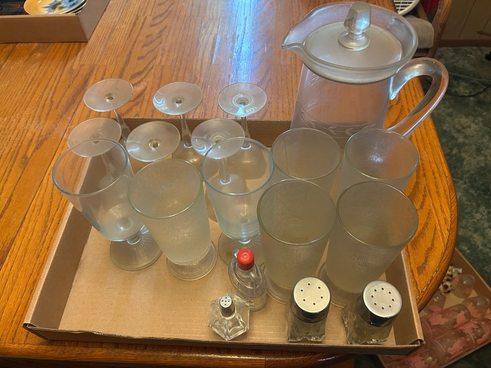 Etched glass pitcher with lid, glassware, salt and pepper shakers