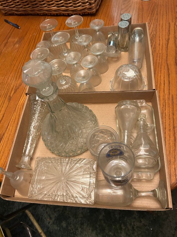 Decanter, glasses, misc.