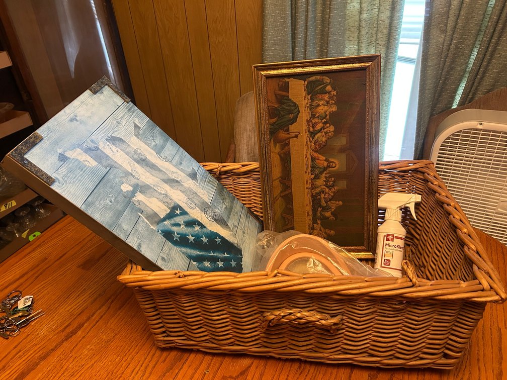 Wicker basket, Last Supper wall hanging, misc.