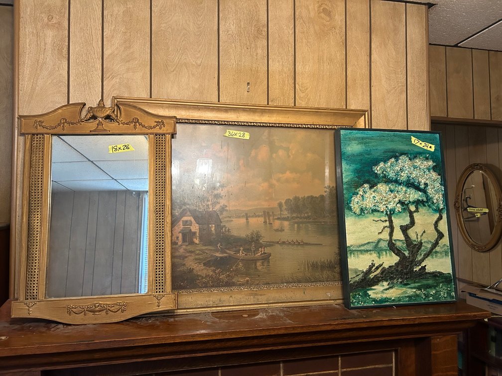 Wall mirror, framed picture, and signed painting