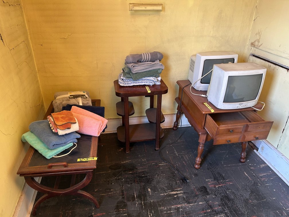 Coffee table, side tables, 2 computer monitors, towels, etc.