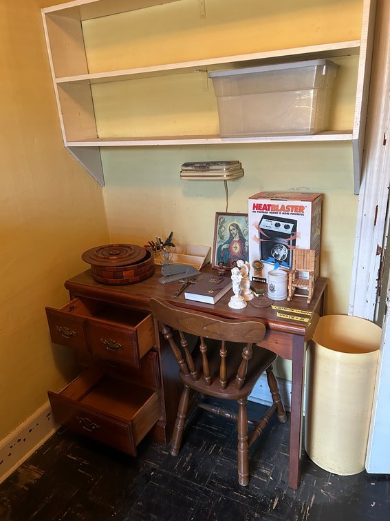 Desk, chair and contents