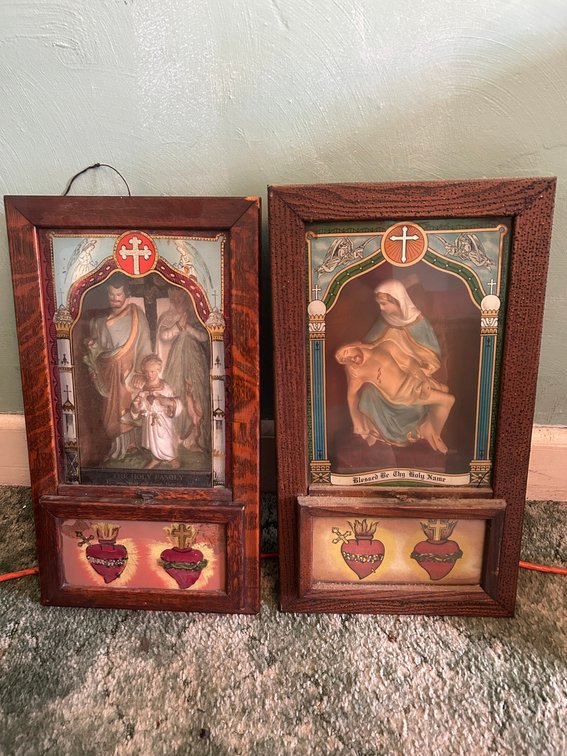 2 Catholic communion wall mount boxes, religious figures