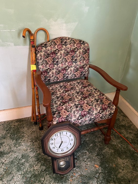 Chair, clock, canes