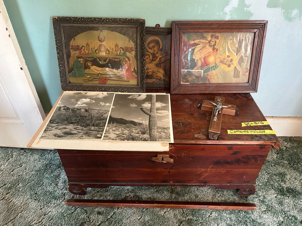 Cedar chest-with damage, 3 Catholic wall hangings, Crucifix, Southwestern prints