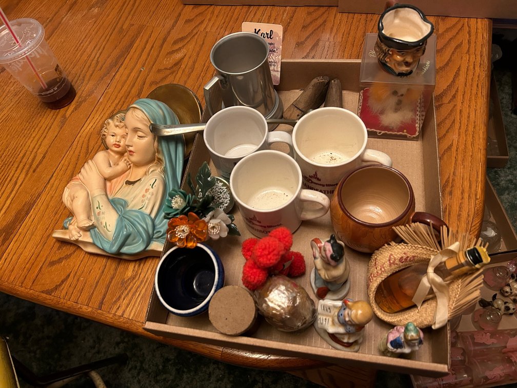 Mary and Jesus wall hanging, cups, misc. items