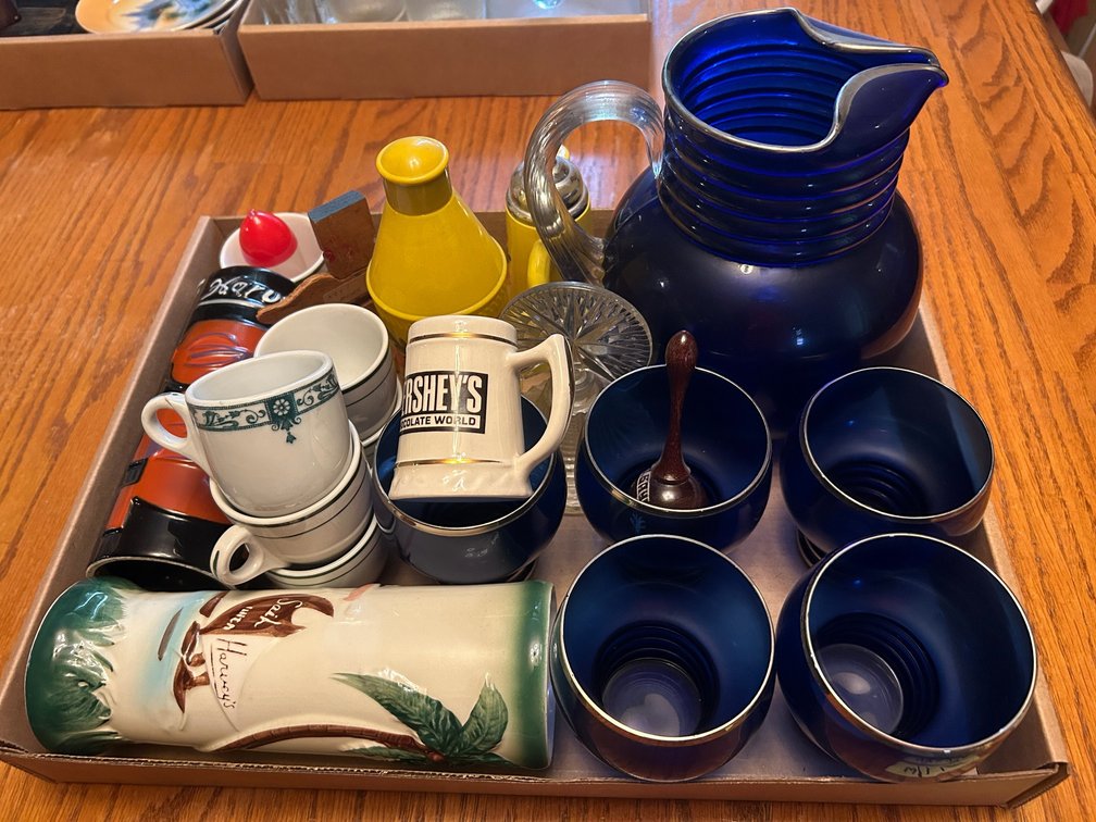Blue glass pitcher with matching glasses, cups, misc.
