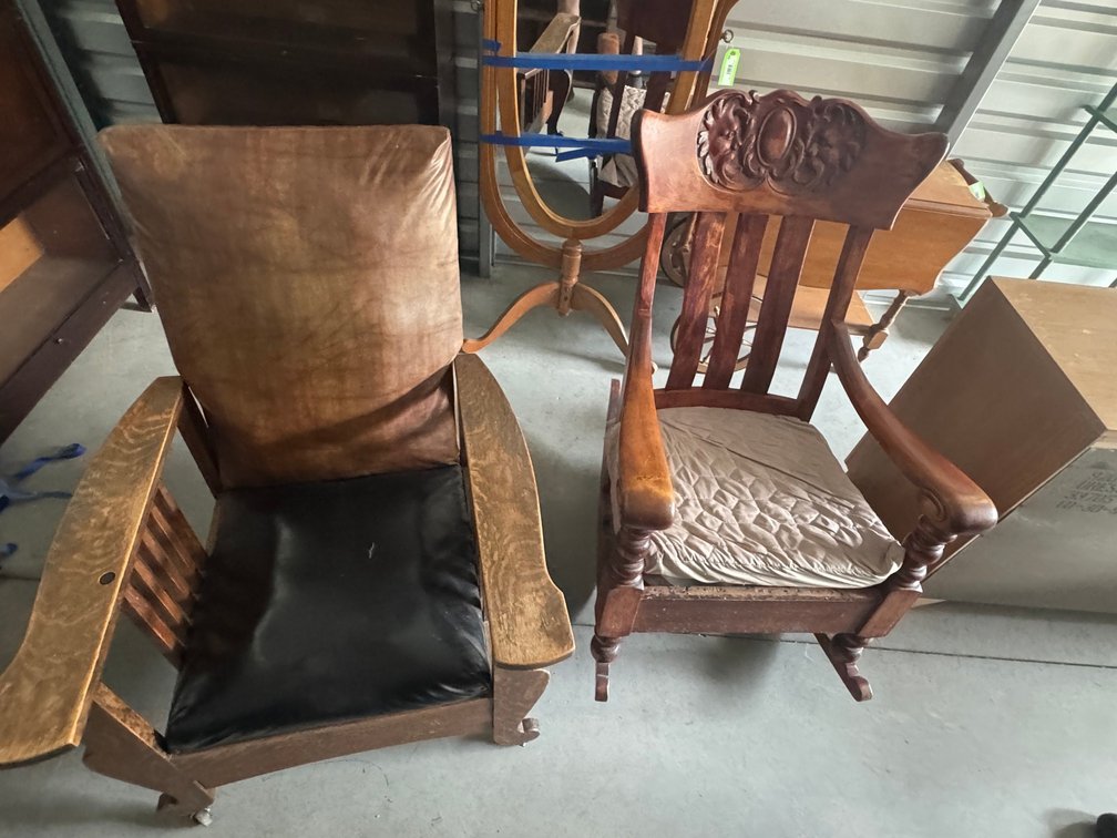 Antique Oak Morris Chair/Recliner & Large Heavy Rocking Chair