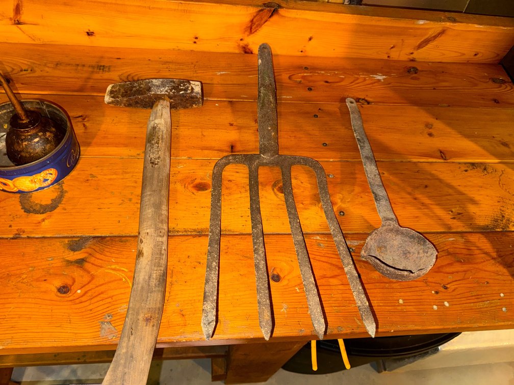 Antique Oil Can, Maul, Pitchfork & Ladle
