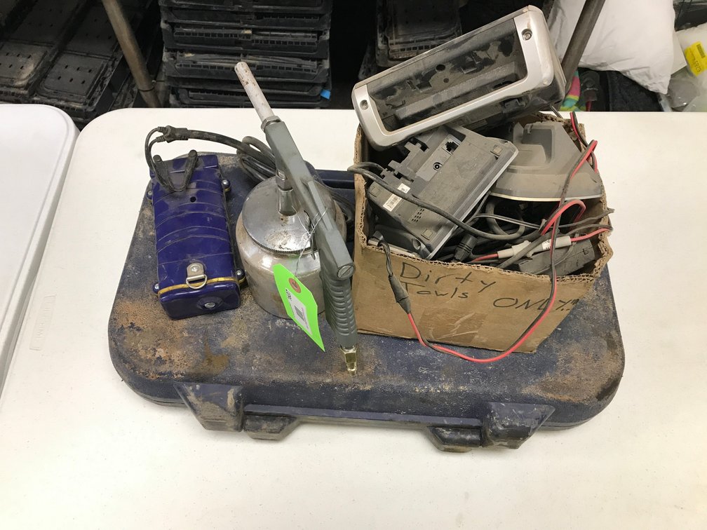 Box of Phone Accessories, Hand Held Sand Blaster, Box of Grease Gun Parts