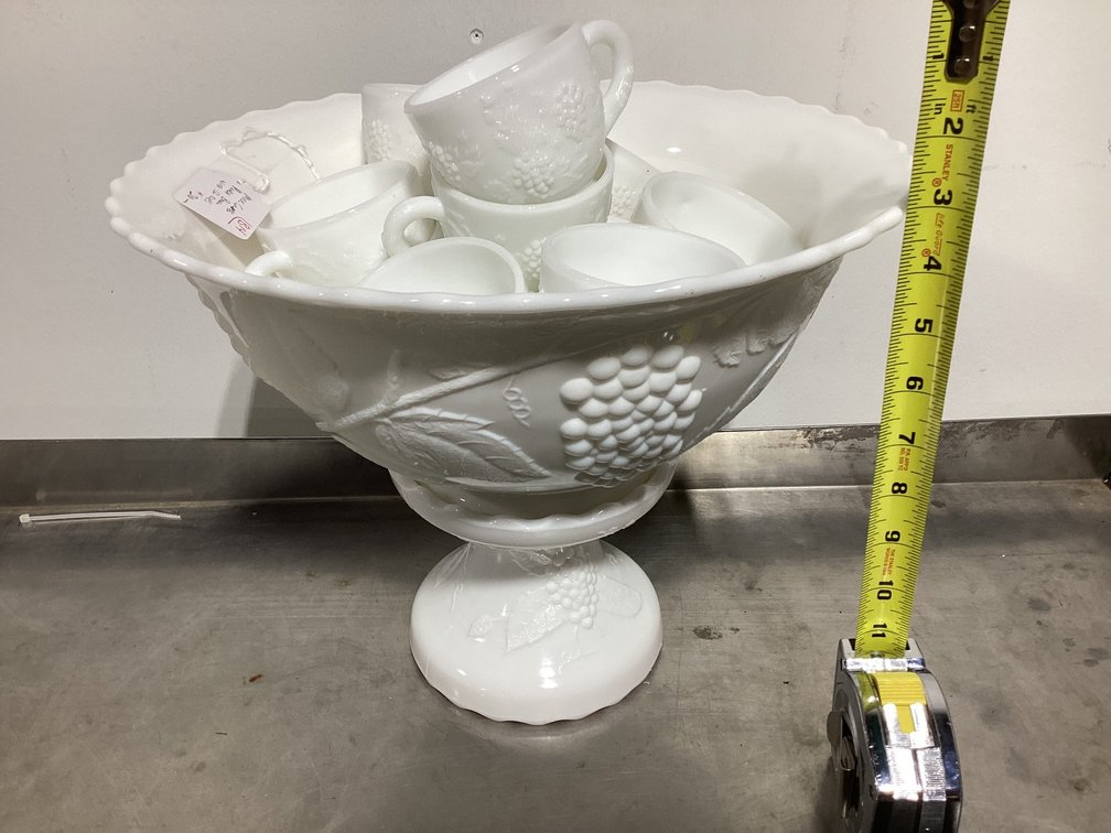 Vintage Milk Glass Grape Pattern Punch Bowl Set with Cups