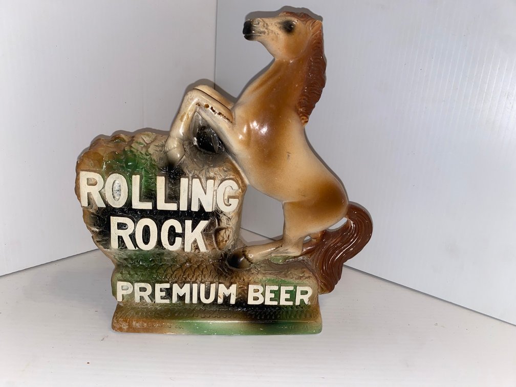 Rolling Rock advertising piece with a rearing stallion