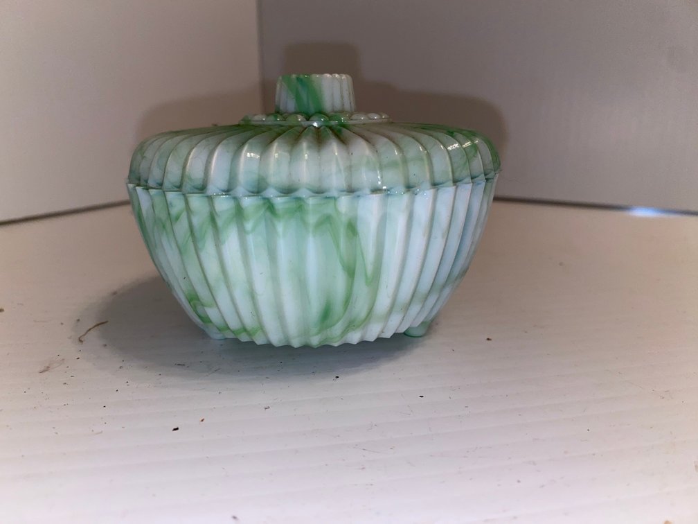 Vintage Akro Agate green and white slag glass or Jadeite swirl ribbed powder jar