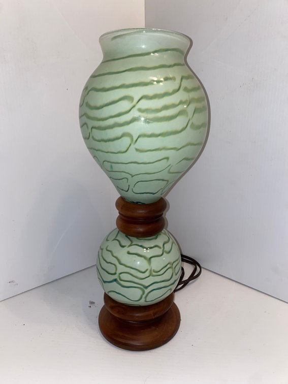 Vintage mid-century green and white swirl glass table lamp