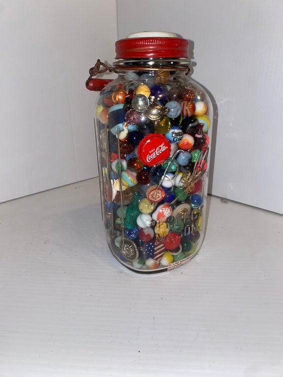 Ball jar of marbles and trinkets-Coke lids, vintage toys, pins