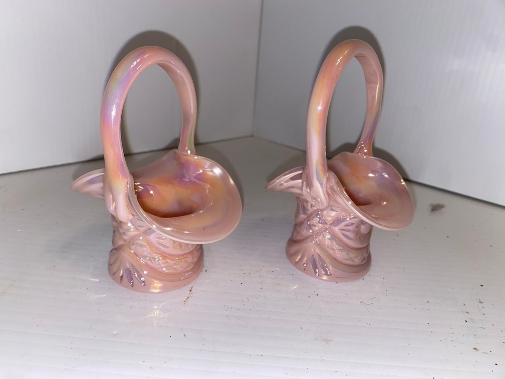 2 Irridescent pink glass baskets