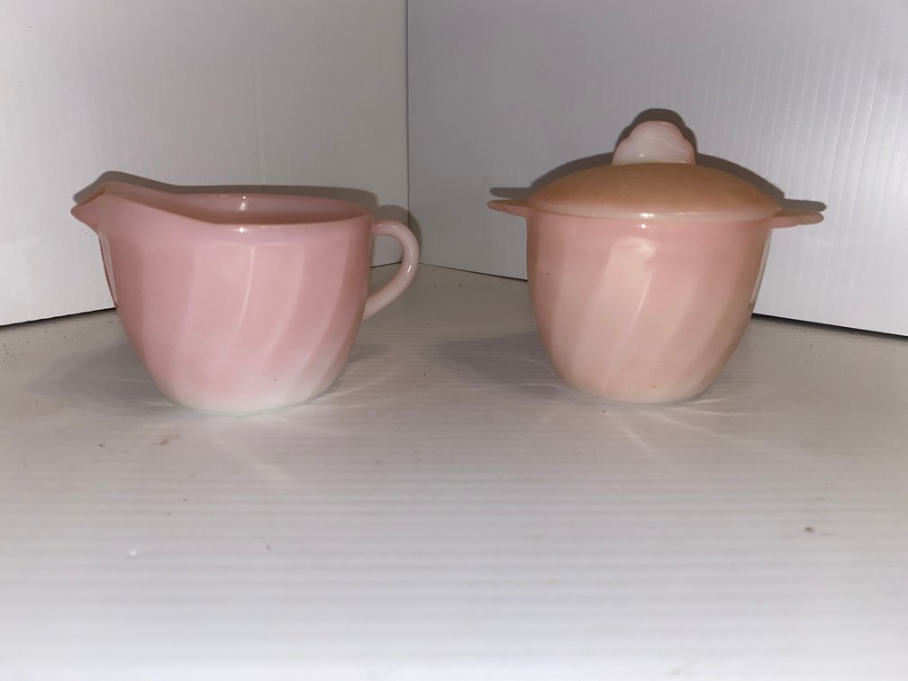 Fireking pink swirl creamer and sugar