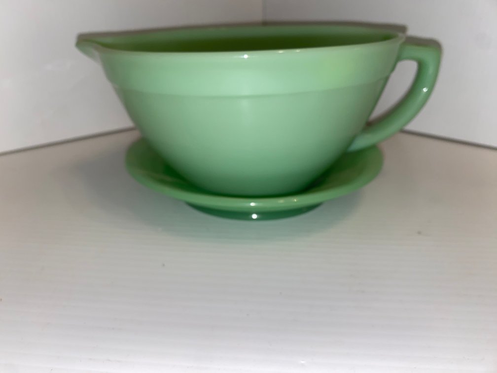 Fireking Jadeite pitcher and small under plate