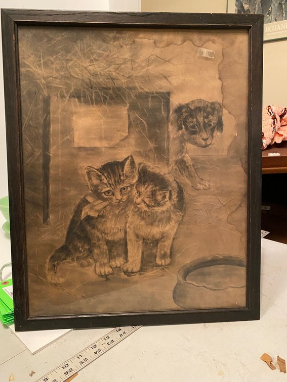 Framed antique print of kittens and a puppy