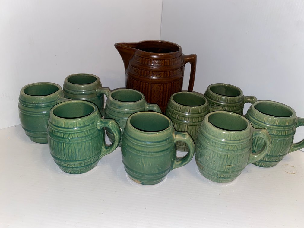 Nelson McCoy green barrel mugs with brown barrel pitcher