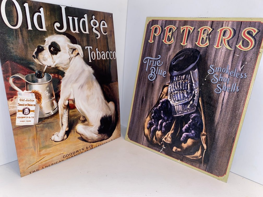 2 Reproduction tins-Peter's Smokeless Shot Shells, The Old Judge Tobacco