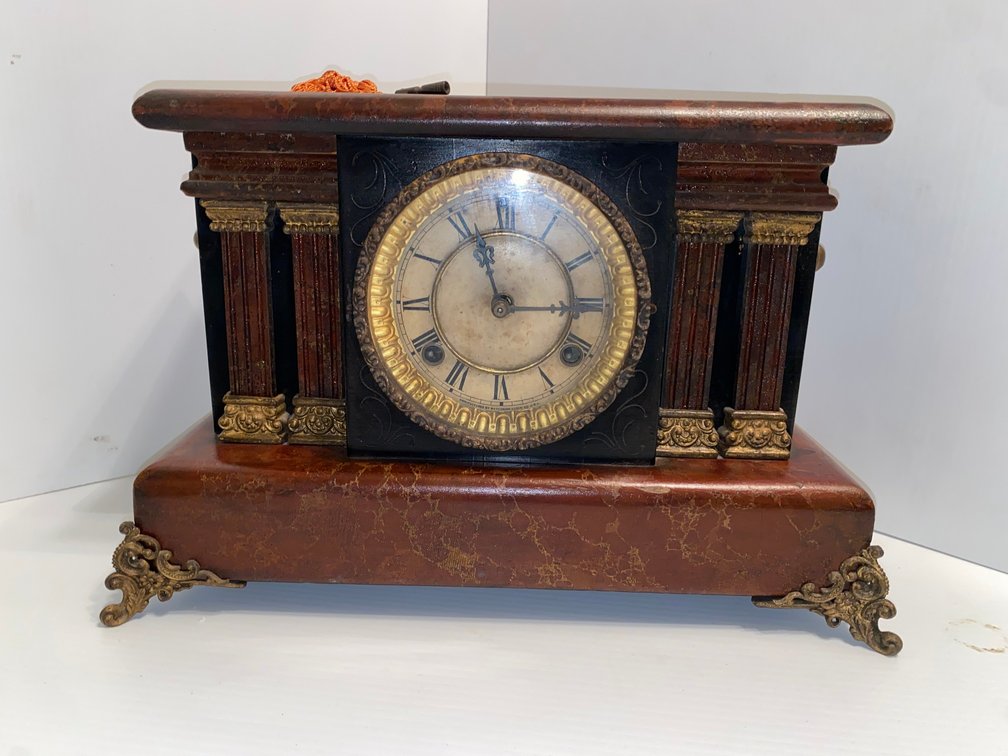 Antique mantle clock with red faux marble-with key