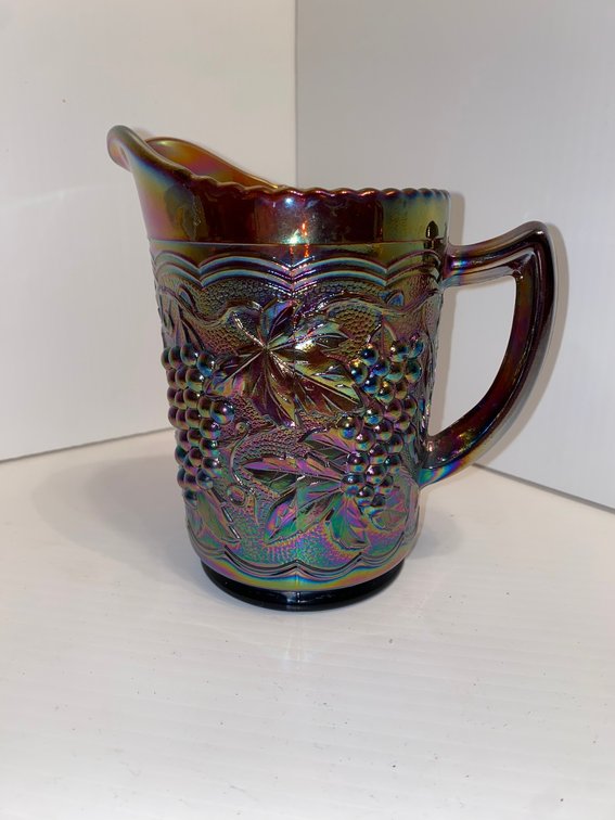 Imperial Glass Company grape pattern design carnival glass pitcher