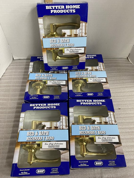 5 Better Home Products bed and bath Sea Cliff Collection polished brass door handles