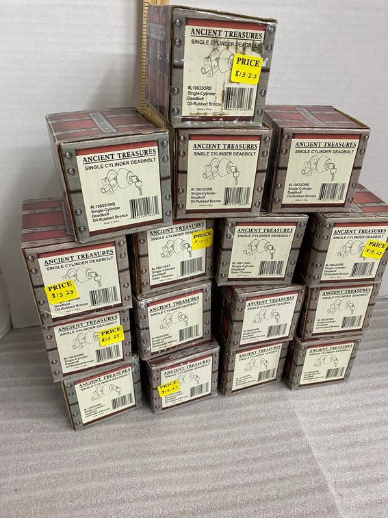 16 Antique Treasures single cylinder deadbolts-some satin chrome, some oil rubbed bronze