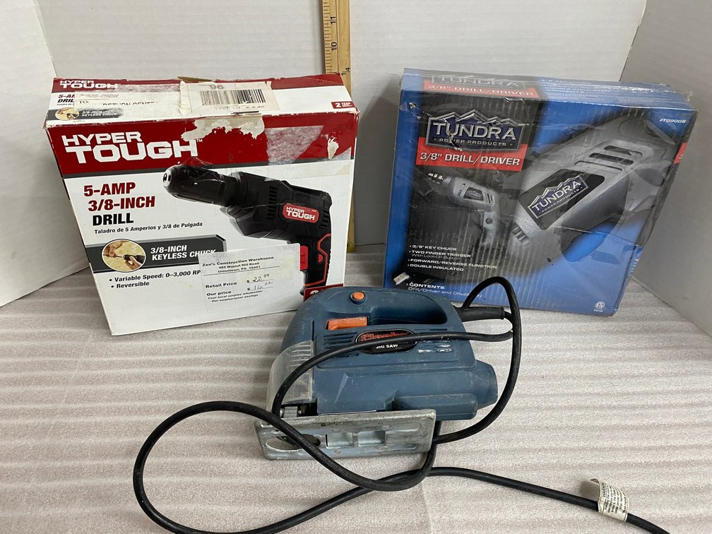 Clarke variable speed jigsaw, Hyper Tough 3/8" drill, Tundra 3/8" drill