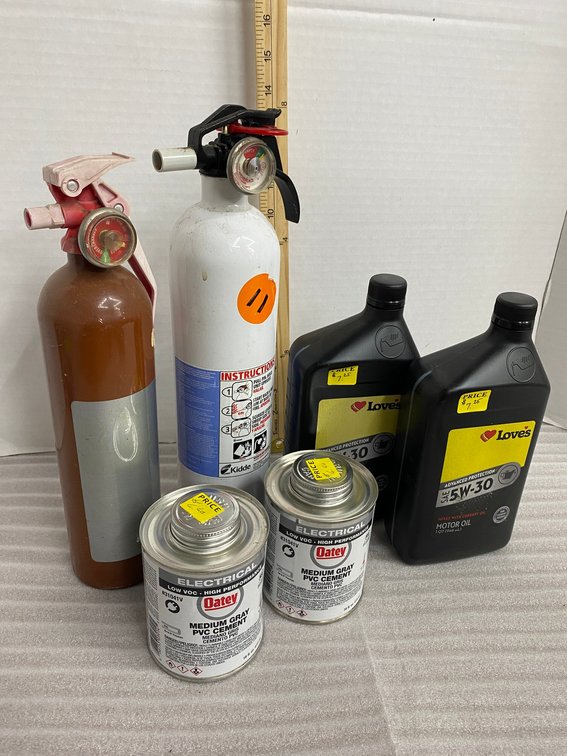 2 Fire extinguishers, 2 electrical medium grade PVC cements, 2 quarts of 5-W-30 motor oil