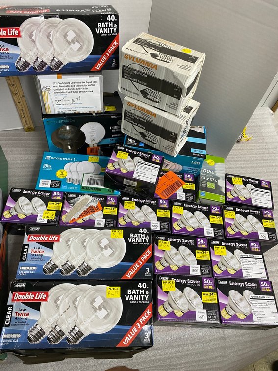 Lightbulbs-50 watt energy saver halogens, bath and vanity bulbs, 60 watt Eco smart bulbs