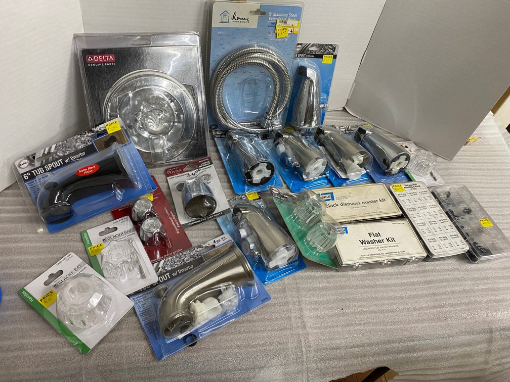 Faucet washer kits, slip on tub spouts, knobs, stainless steel extendable hose