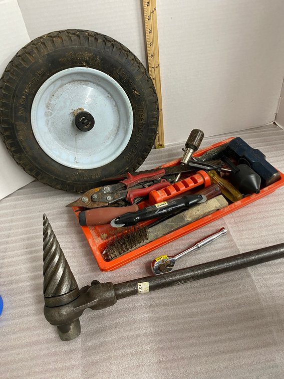 Wheelbarrow tire, reamer, Kobalt 3/8" ratchet, other tools