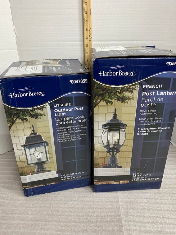2 Harbor Breeze outdoor post lights-one is a French design, the other is Litshire