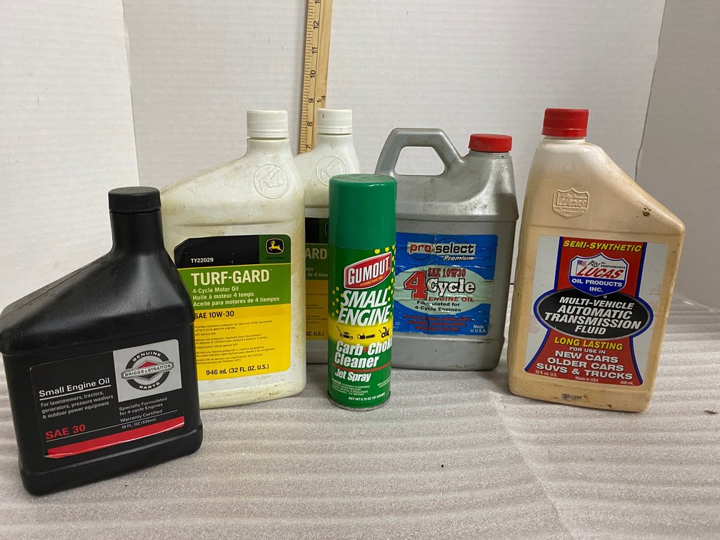 Oils-2 quarts of 10-W-30, 1 quart of automatic transmission fluid and partial jugs