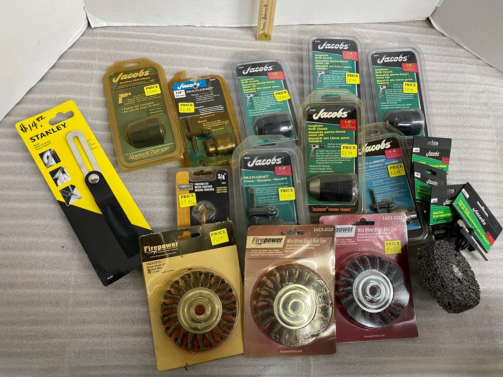 Jacob's drill chucks, wire wheel brushes, drill chuck keys