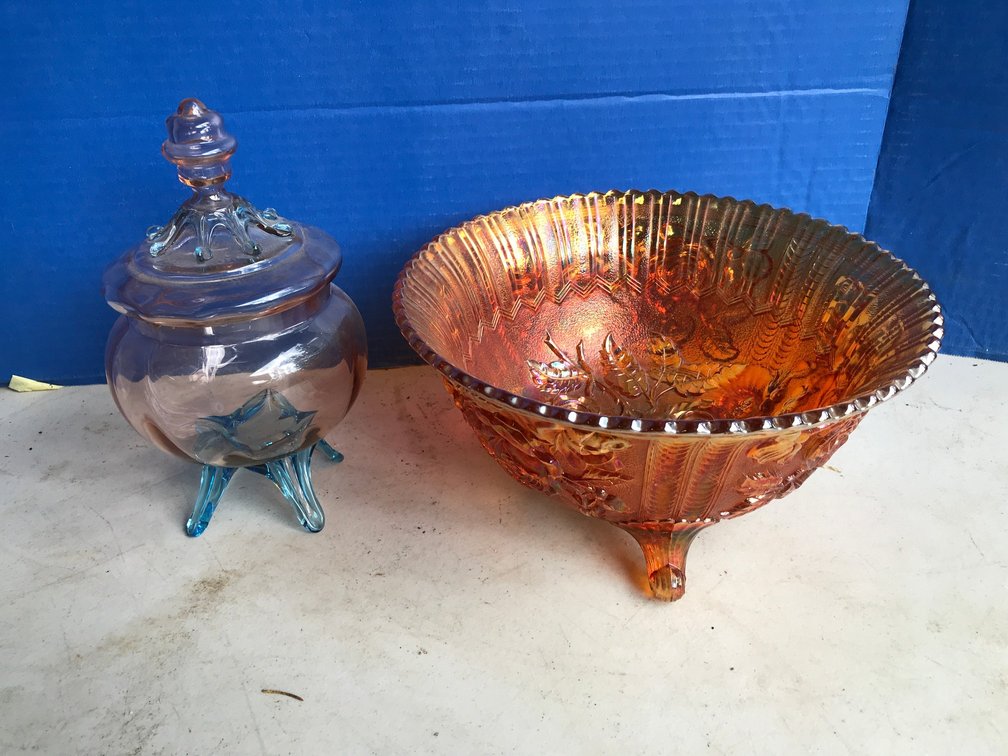 Carnival Glass Bowl, Footed Glass Candy Dish with Lid