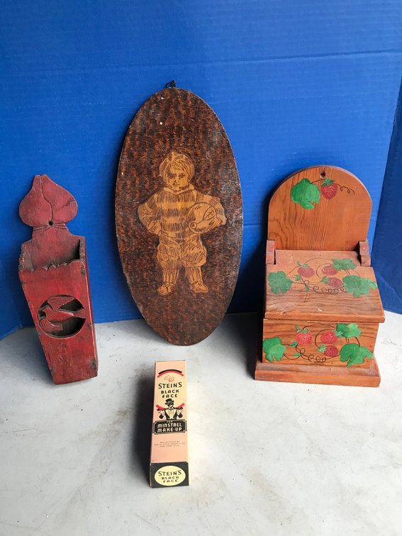 Primitive Wall Hangings and Recipe Box, Black face Minstrel Make up