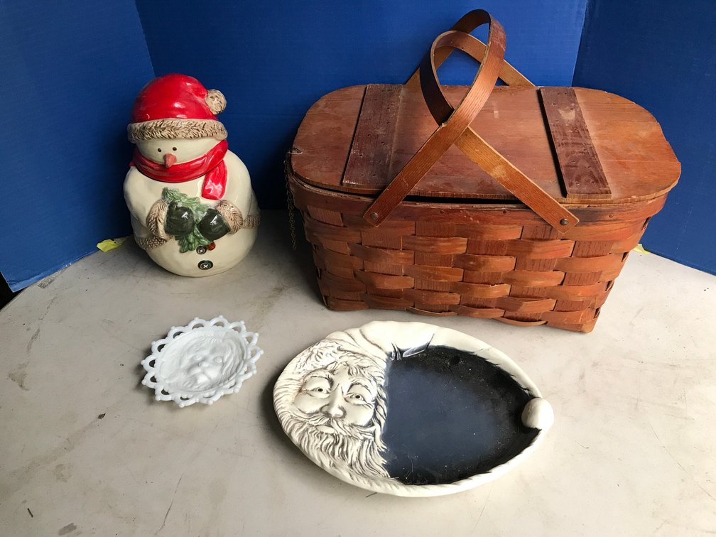 Picnic Basket, Santa Platter, Snowman Cookie Jar,Etc.