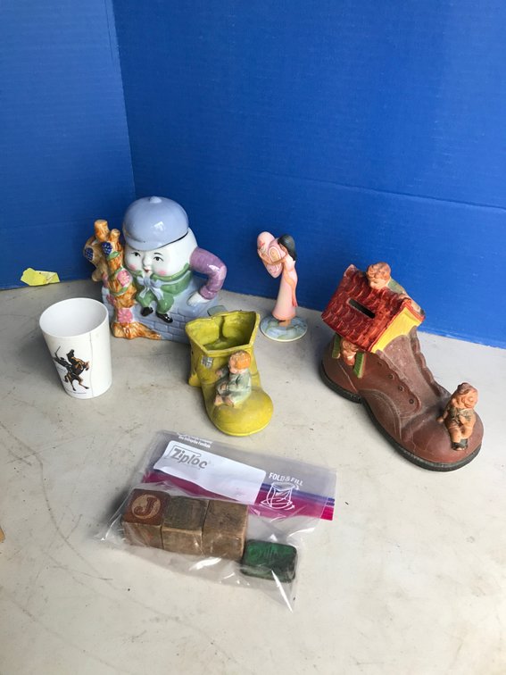 Humpty Dumpty Teapot, Old Mother Hubbard Coin Bank, Etc.