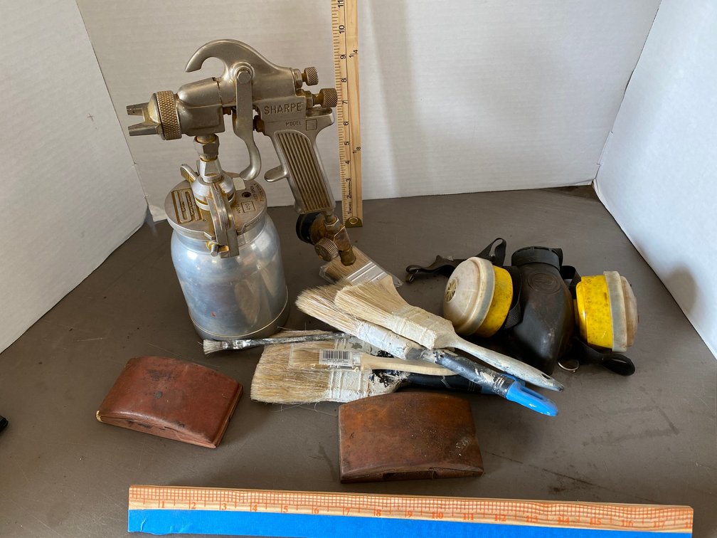 Sharpe Model 71 Paint spray gun, Mask, Paint Brushes, Sanding Blocks