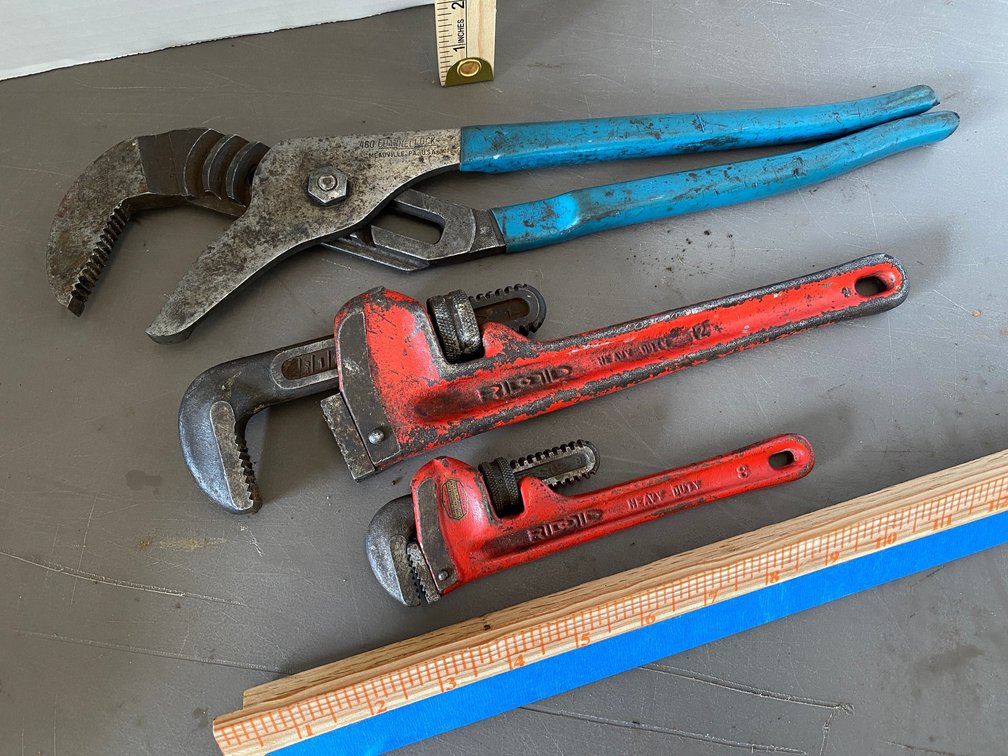 Channel Lock Pliers, Ridgid 12 inch, Ridgid 8 Inch Pipe Wrenches